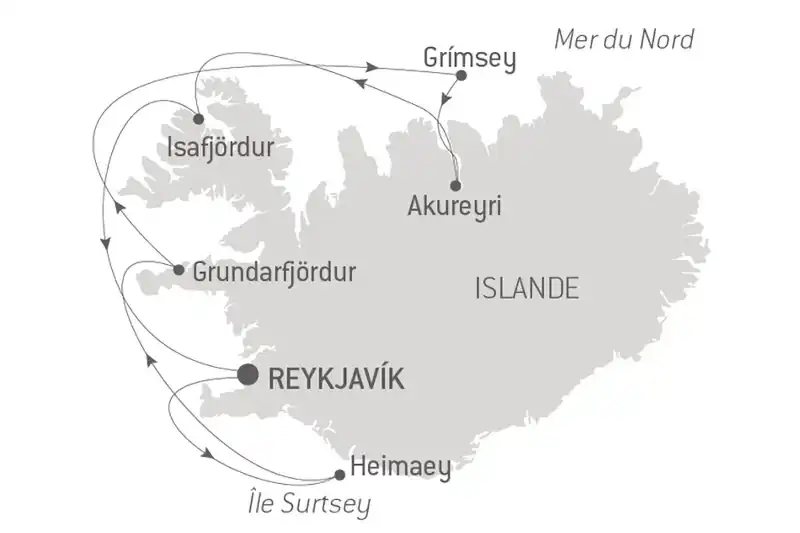 Itinéraire de la croisière Ponant en Islande – Été 2026 Carte de l’itinéraire de la croisière Ponant en Islande avec escales à Reykjavik, Akureyri, Grimsey, Isafjördur, et Heimaey