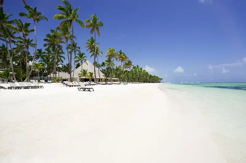 Plage de sable blanc devant l’hôtel Barcelo Bavaro Beach réservé aux adultes