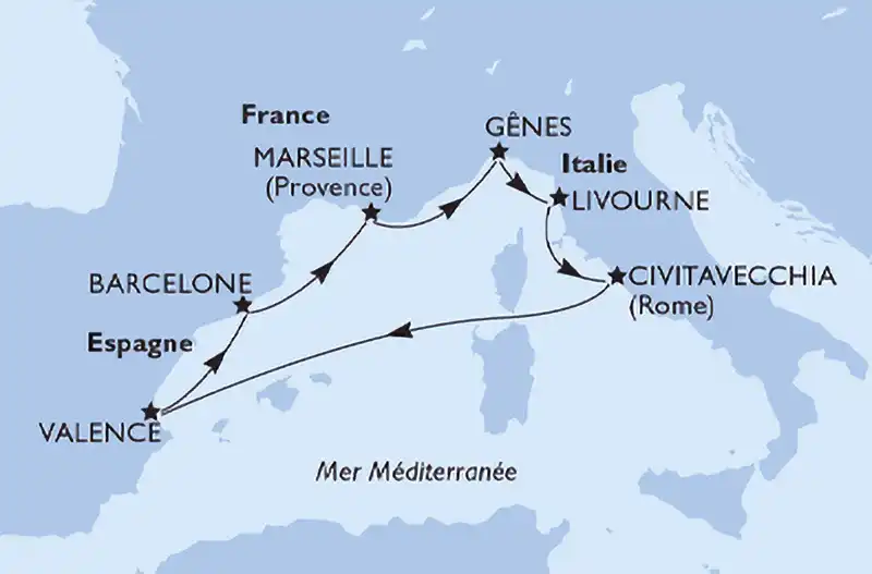 Itinéraire croisière MSC Orchestra en Méditerranée