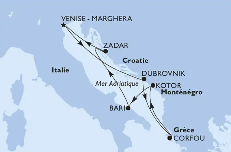Carte itinéraire croisière MSC Opera – Méditerranée, départ Venise Marghera, 7 nuits automne 2025