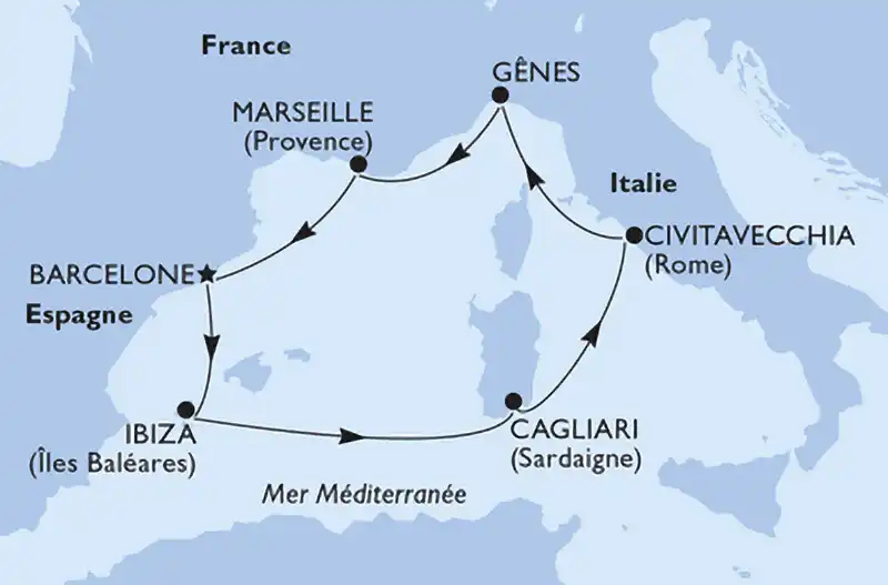 Carte itinéraire croisière MSC Orchestra – Méditerranée, départ Barcelone, 7 nuits automne 2025