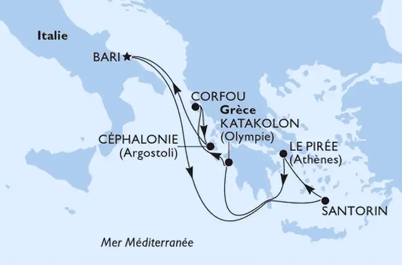 Carte itinéraire croisière MSC Sinfonia – Méditerranée, départ Bari, 7 nuits automne 2025