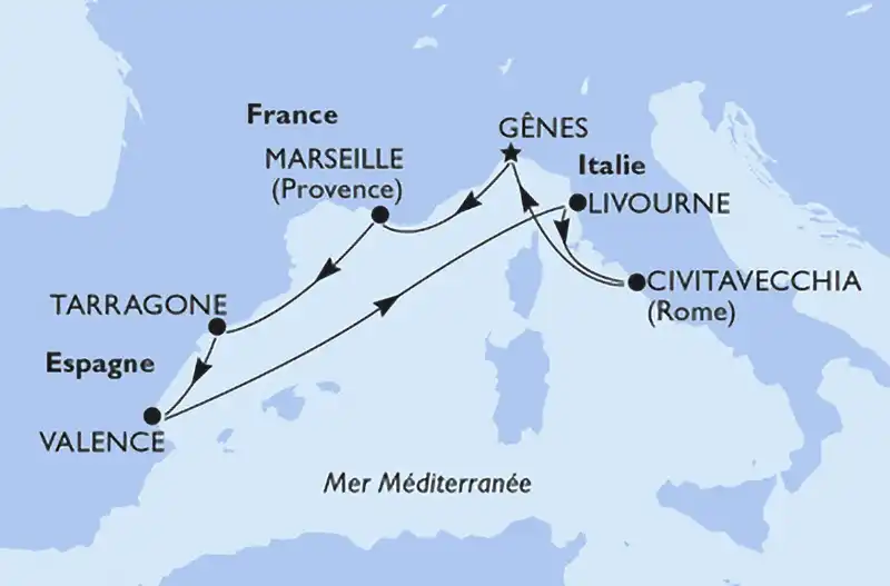 Carte itinéraire croisière MSC Splendida – Méditerranée, départ Gênes, 7 nuits automne 2025
