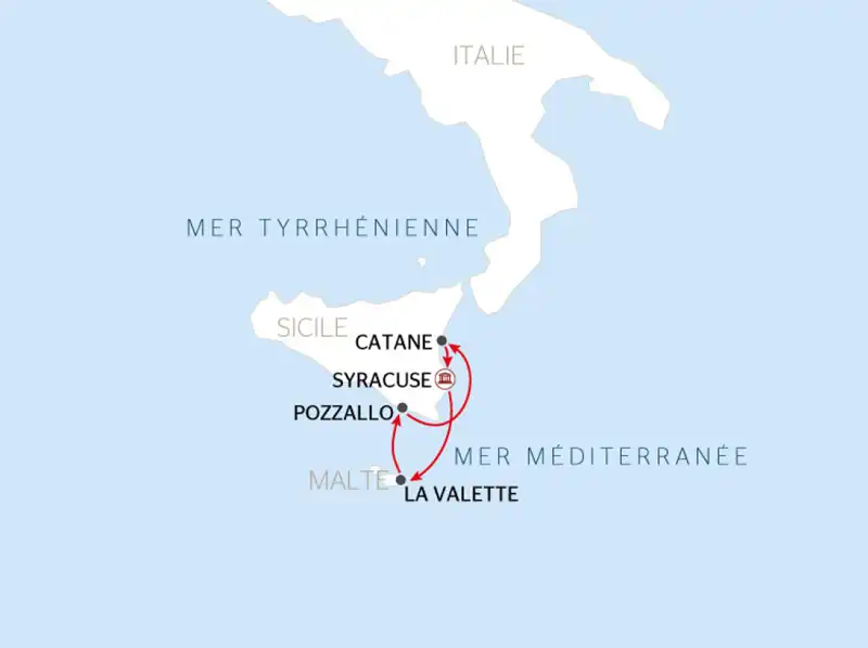Carte de l’itinéraire de la croisière Malte et Sicile – La Belle de l’Adriatique, novembre 2025