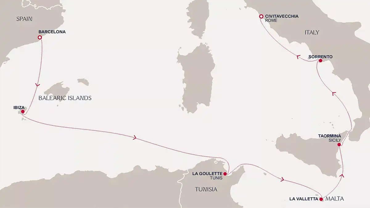 Carte itinéraire EXPLORA I 2026 – Barcelone à Rome