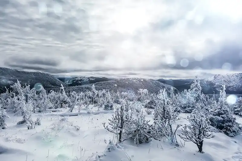 Paysage hivernal dans l’Est du Canada avec forêt enneigée et montagnes au loin Paysage hivernal dans l’Est du Canada avec forêt enneigée et montagnes au loin
