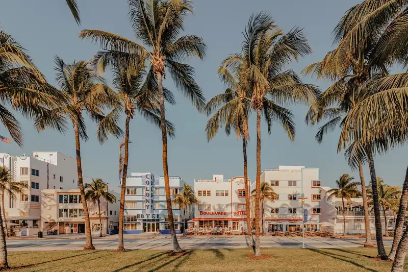 Palmiers et architecture Art déco sur Ocean Drive à Miami