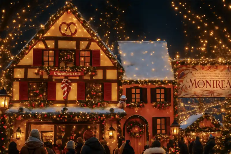 Marché de Noël à Montréal avec maison illuminée et décorations festives en hiver