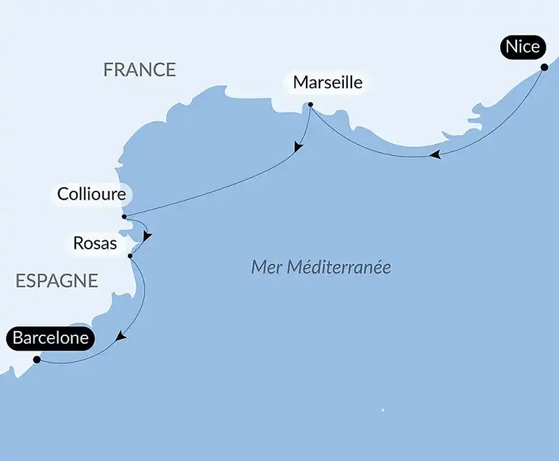 Carte de l’itinéraire PONANT entre Nice, la Provence et la Catalogne