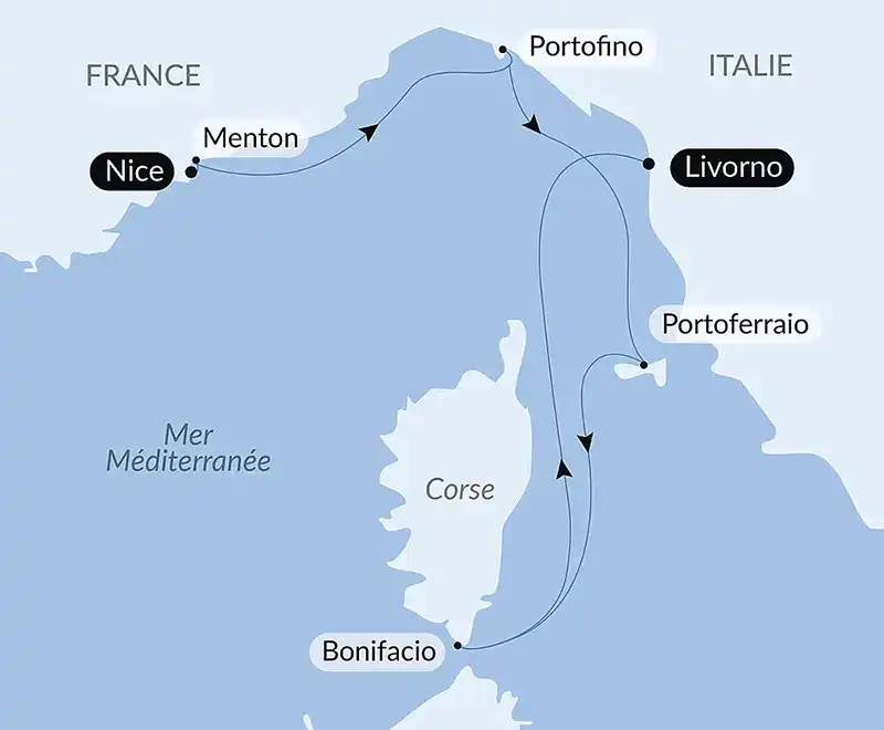 Carte de l’itinéraire PONANT entre Nice, la Riviera italienne, la Corse et Livourne