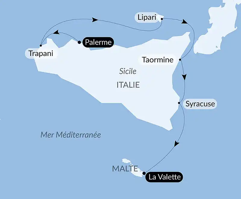 Carte de l’itinéraire PONANT entre la Sicile et La Valette à Malte