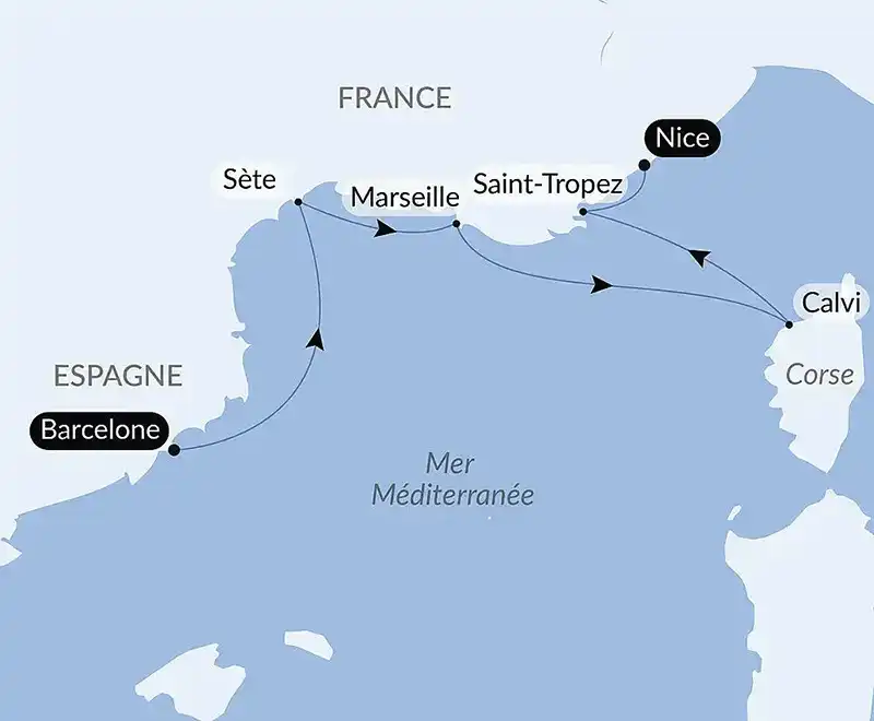 Carte de l’itinéraire PONANT entre Barcelone, la Côte d’Azur et la Corse