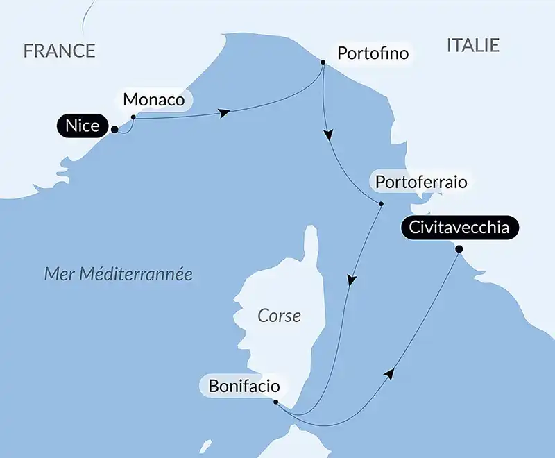 Carte de l’itinéraire PONANT entre Nice, la Riviera italienne et Rome
