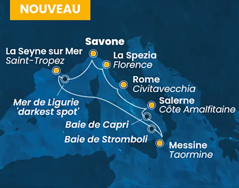 Carte de l’itinéraire Costa entre Savone, Sicile et France