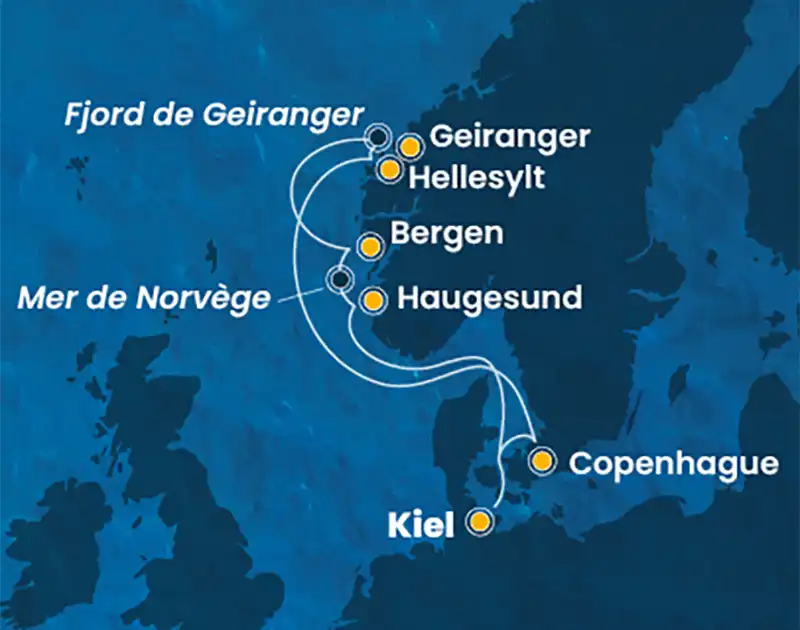 Carte de l’itinéraire Costa entre Kiel, le Danemark et la Norvège