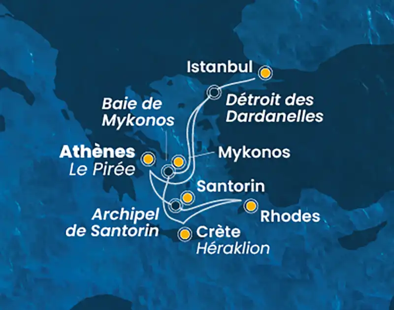 Carte de l’itinéraire Costa entre la Grèce et les rivages de Turquie