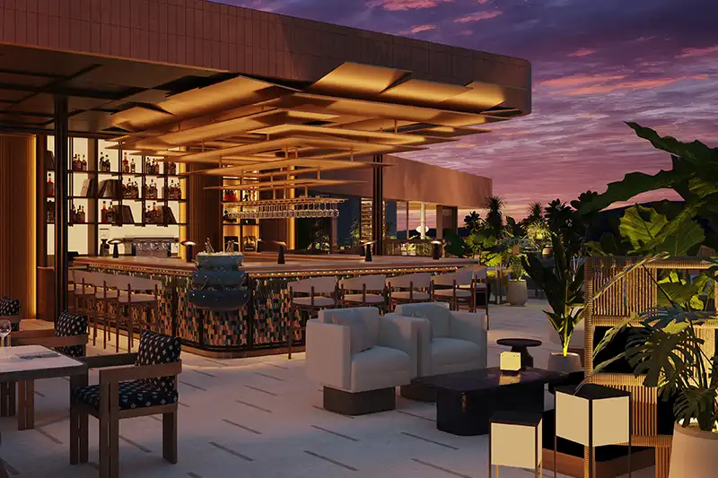Bar et restaurant du Mandarin Oriental Punta Negra Mallorca au coucher du soleil
