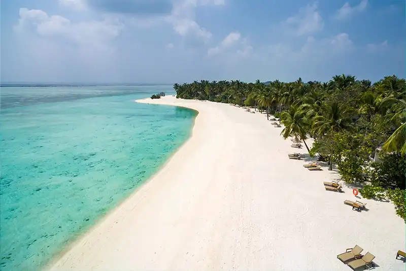 Plage de sable blanc et lagon turquoise au Cocoon Maldives