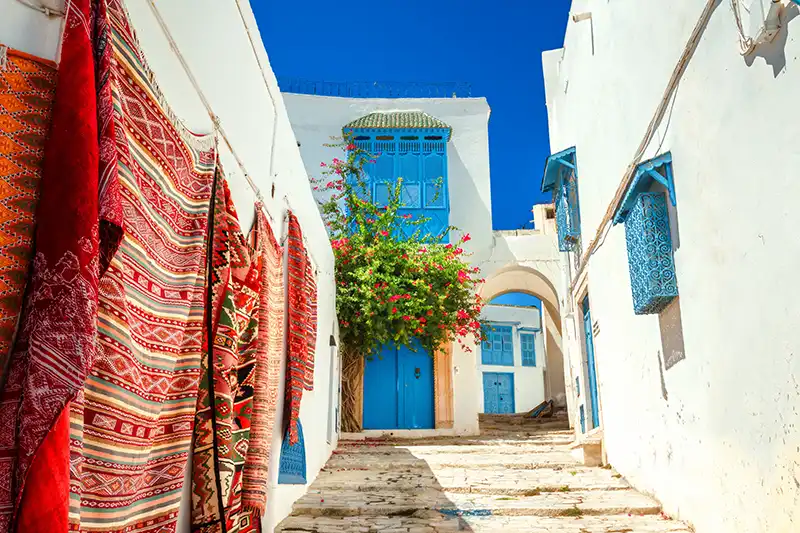 Ruelle blanche et bleue à Sidi Bou Saïd lors d’une escale à Tunis