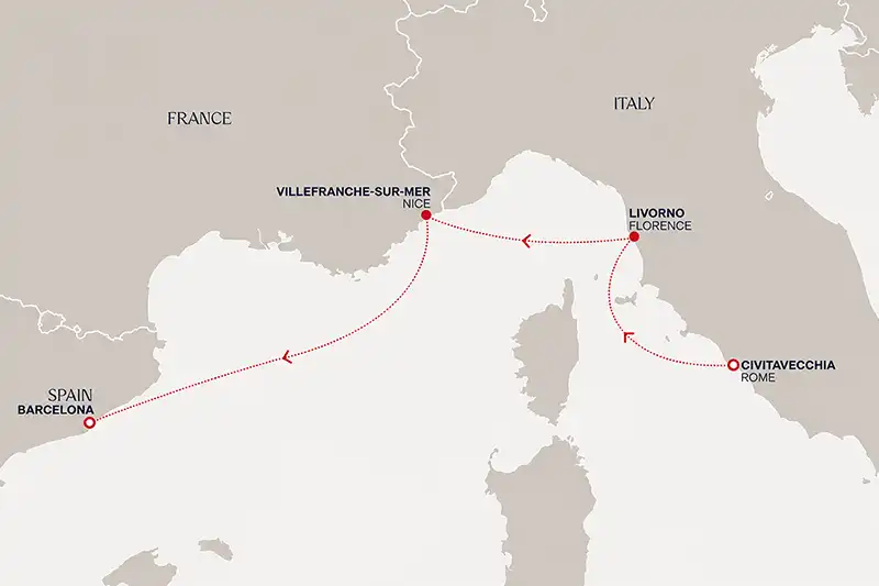 Carte de l’itinéraire Explora Journeys de Civitavecchia à Barcelone