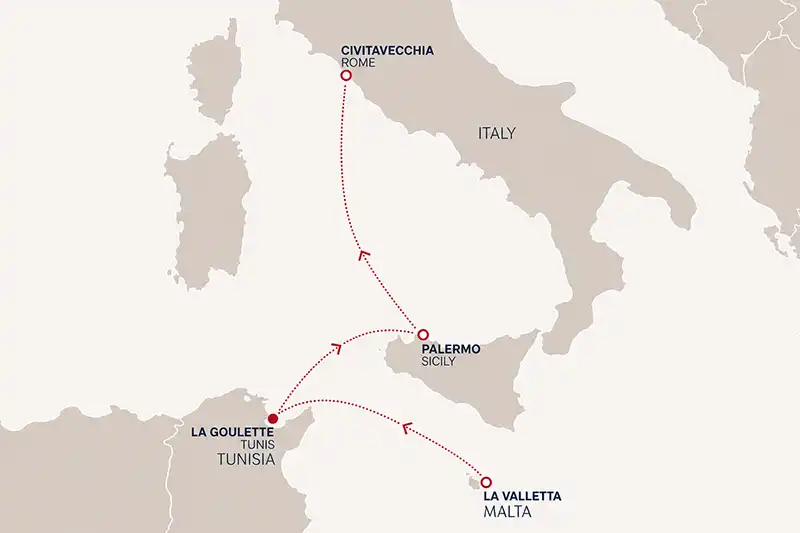 Carte de l’itinéraire Explora Journeys de La Valette à Civitavecchia