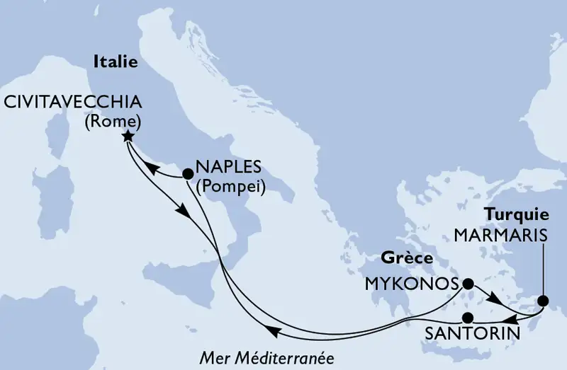 Carte de l’itinéraire MSC Divina en Méditerranée au départ de Civitavecchia