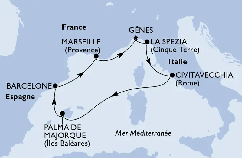 Carte de l’itinéraire MSC World Europa en Méditerranée au départ de Gênes