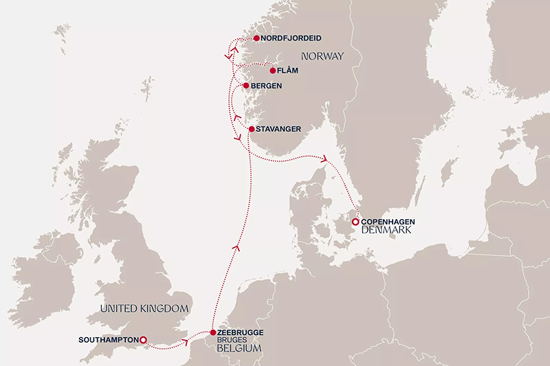 Carte de la croisière Explora Journeys de Southampton à Copenhague, via Bruges, Stavanger, Bergen, Nordfjordeid et Flåm