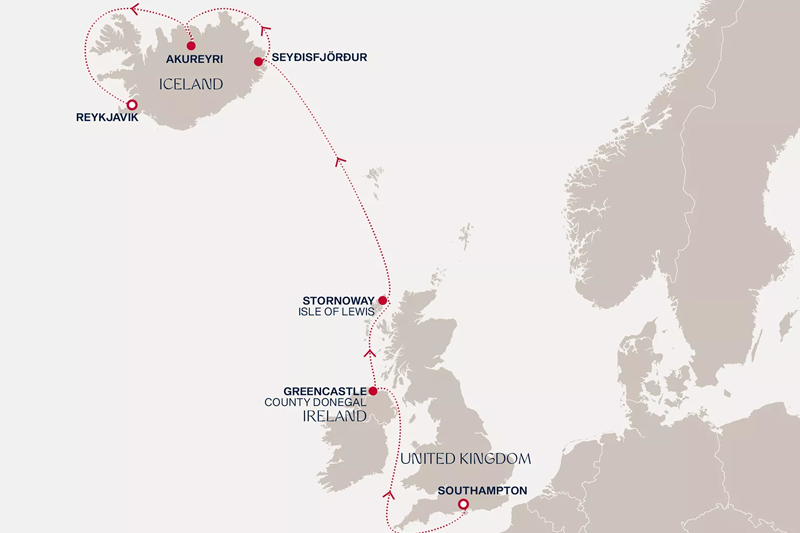 Carte de la croisière Explora Journeys de Southampton à Reykjavik, via l'Irlande, l'Écosse et l'Islande