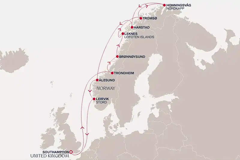 Carte de la croisière Explora Journeys en Norvège, de Southampton au Cap Nord via les îles Lofoten et Tromsø