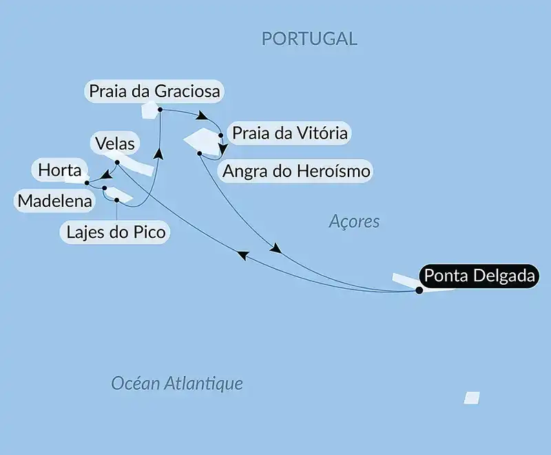 Carte de la croisière PONANT aux Açores au départ de Ponta Delgada, avec escales à Faial, Pico, São Jorge, Graciosa et Terceira