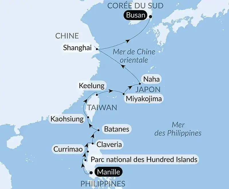 Carte de la croisière PONANT de Manille à Busan, via les Philippines, Taïwan, le Japon et la Chine