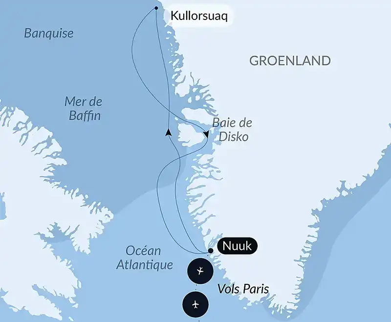 Carte de la croisière PONANT au Groenland, de Nuuk à Kullorsuaq, via la baie de Disko