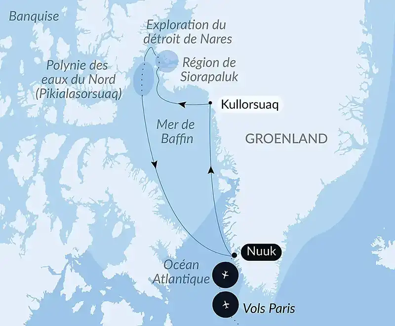 Carte de la croisière PONANT Au-delà des hommes au Groenland, au départ de Nuuk vers Kullorsuaq et la région de Siorapaluk
